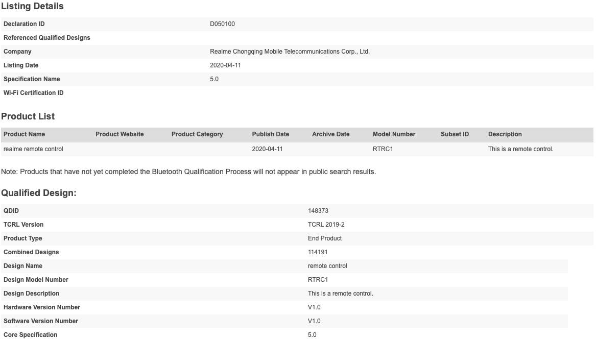 Realme TV remote Bluetooth certification