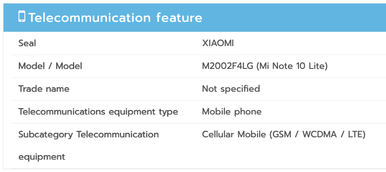 Xiaomi Mi Note 10 Lite NBTC listing