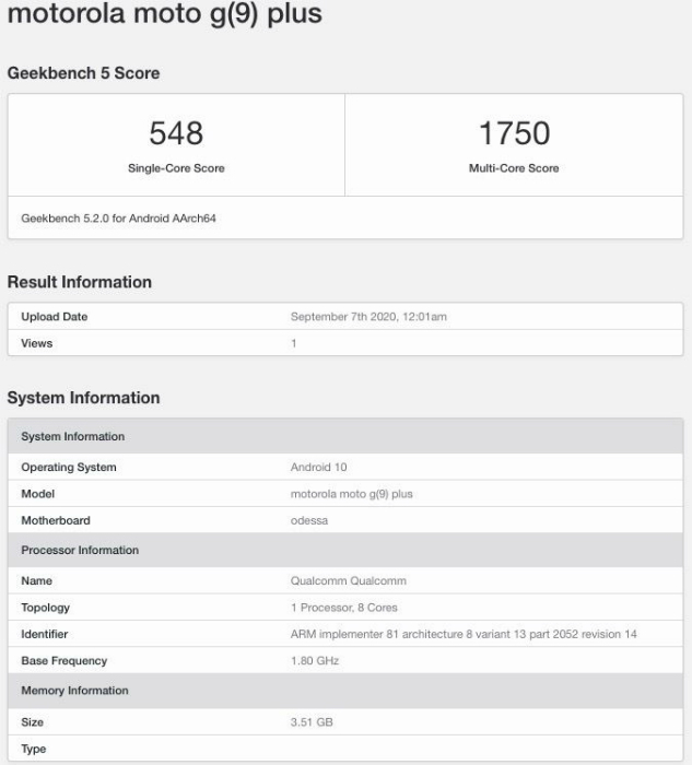 Moto G9 Plus Geekbench