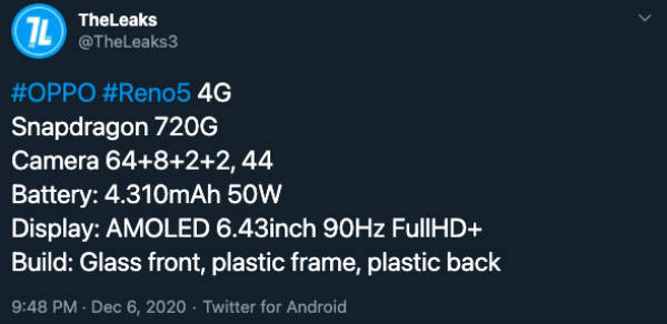 OPPO Reno 5 4G specs tipped