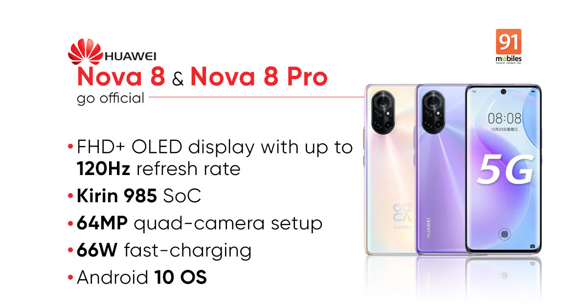 Huawei Nova 8 and Nova 8 Pro launched with Kirin 985 SoC, OLED display: price, specifications, and more