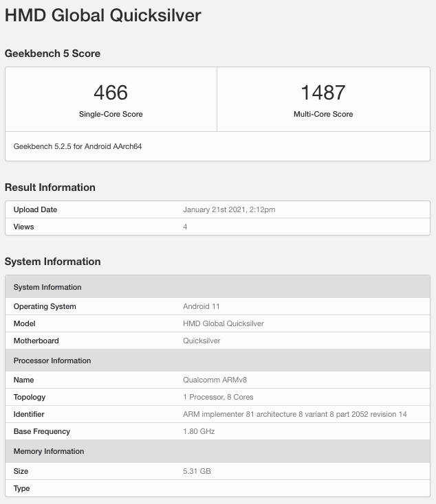 Nokia Quicksilver specifications geekbench