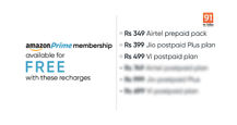 Best Airtel, Jio, Vi recharge plans with free Amazon Prime subscription