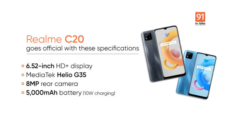 Realme C20 Launched With Mediatek Helio G35 Soc 5 000mah Battery Price Specifications 91mobiles Com