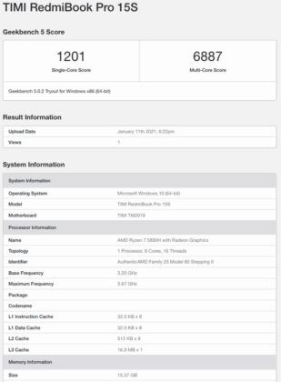 RedmiBook Pro 15S Geekbench