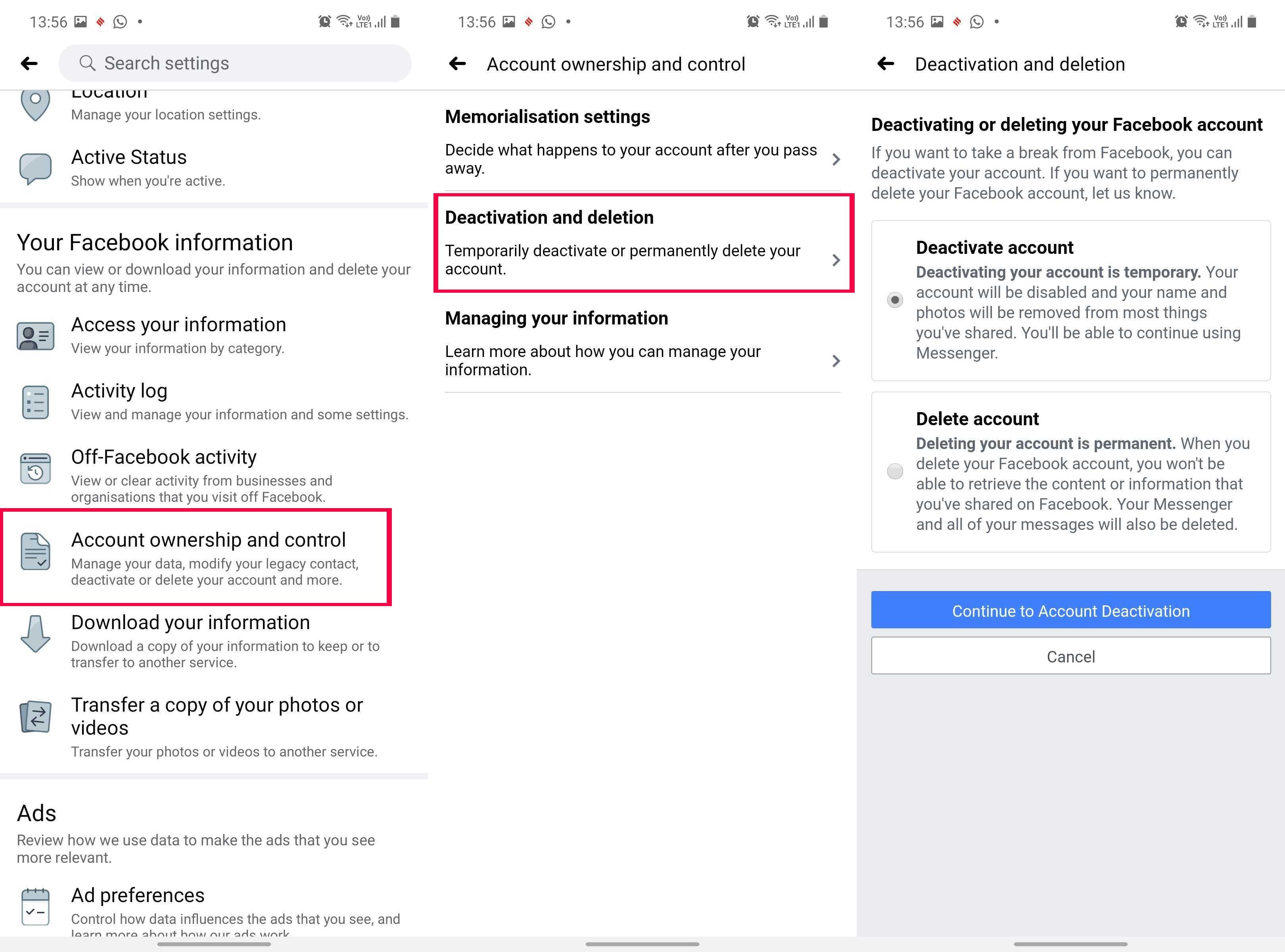 how to know if facebook account is deactivated or deleted