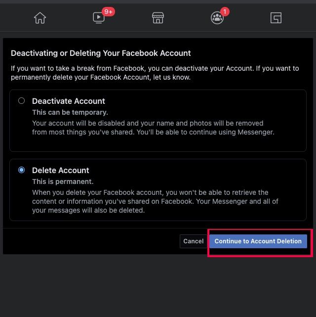 Delete Facebook account