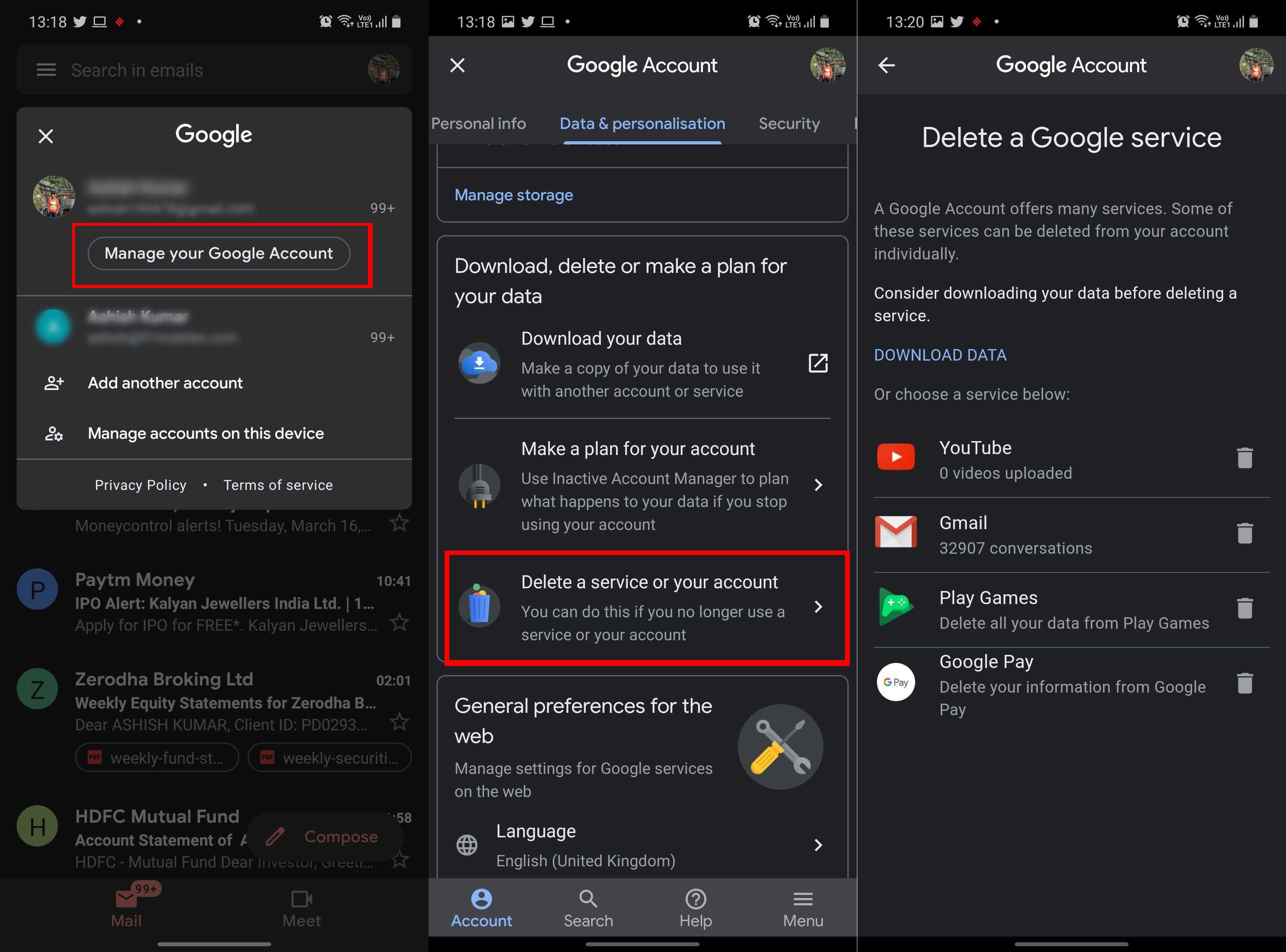 how to delete gmail account on Android phone