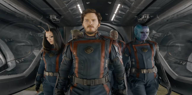 Peter Quill, Nebula, Mantis, Drax, and Groot are seen stepping down their spaceship
