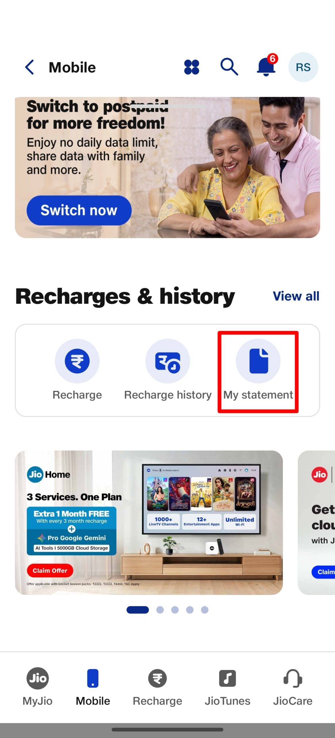 Check Jio call history using MyJio app