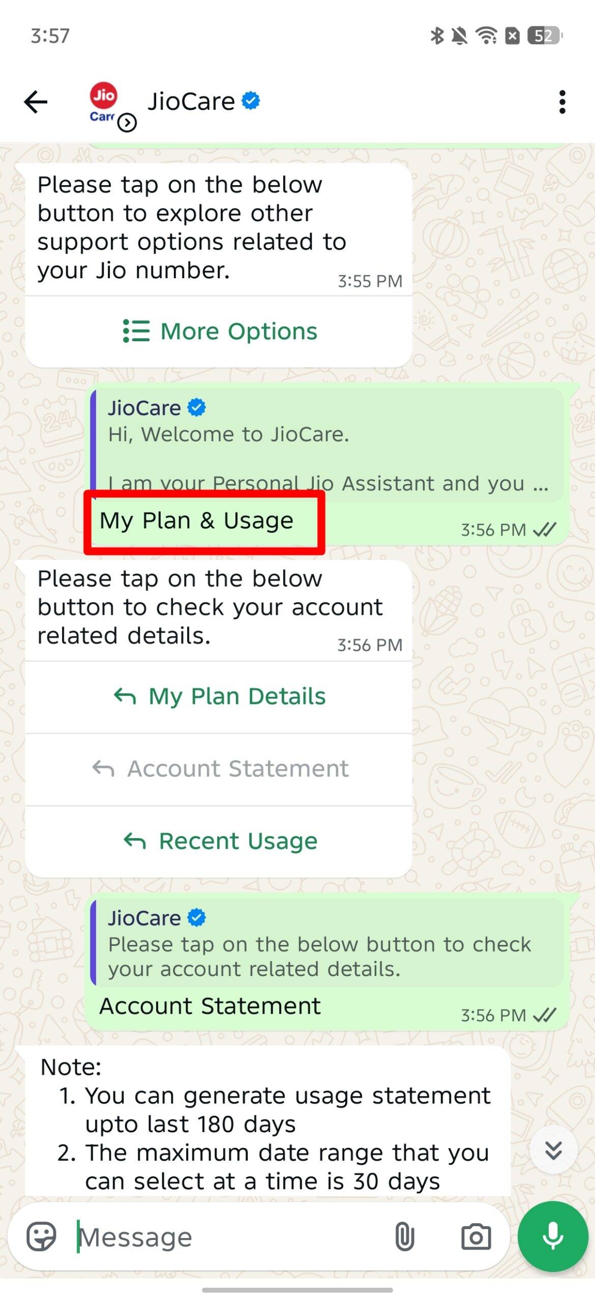 Check Jio call history using WhatsApp