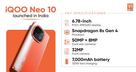 iQOO Neo 10 with Snapdragon 8s Gen 4 chipset and 7,000mAh battery launched in India: price, specifications
