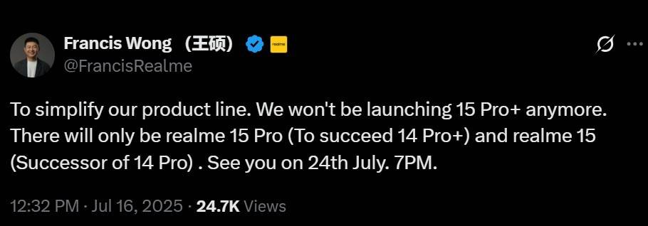 Francis Wong Realme 15 Pro tweet