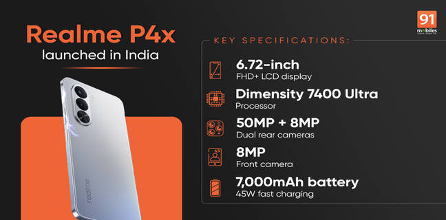Realme P4x launched in India with Dimensity 7400 Ultra, 7,000mAh battery, and up to 144Hz display realme p4x launch