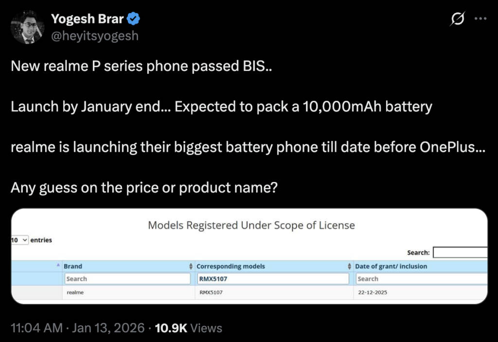 Realme 10,000mAh tweet