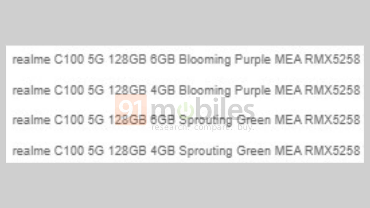 Realme C100 5G colour memory options leaked