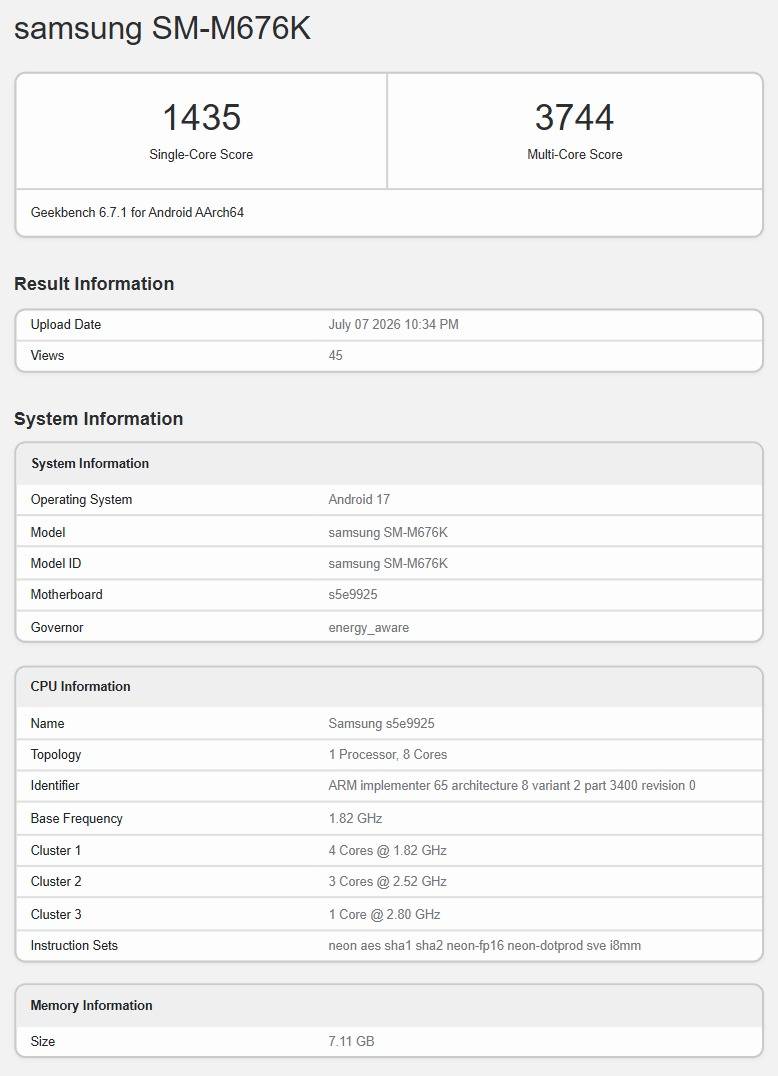 Samsung Galaxy M67 Geekbench listing