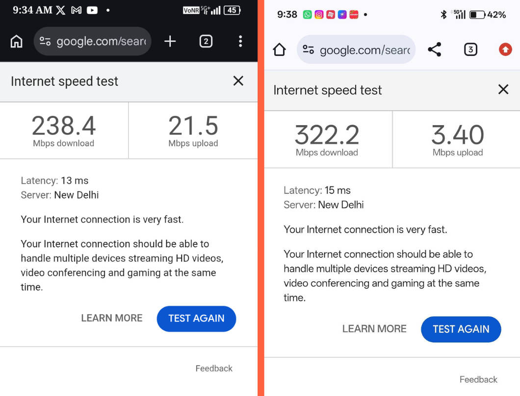 5G speedtest: Lava Virat V1 5G (left) vs OnePlus 12 (right)